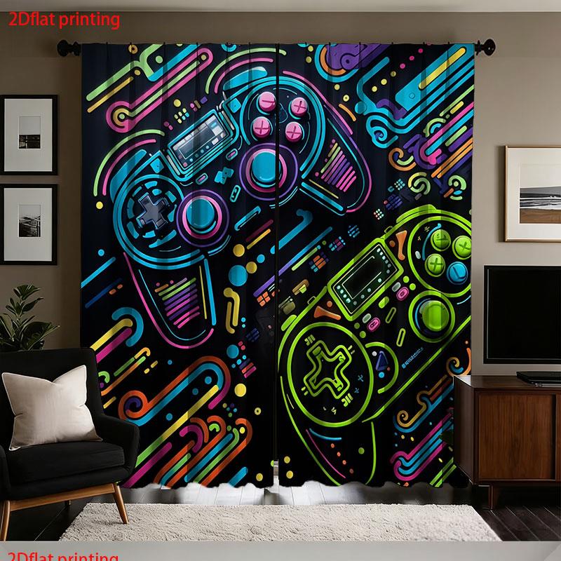 Background Retro Gaming - 2 stuks Gaming Gordijnen Neon Retro